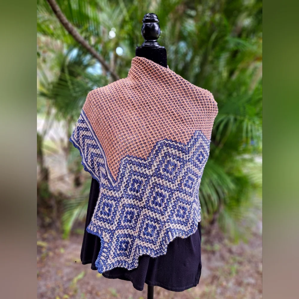 Hand Knit Shawl Blue Brown Beige Hand Dyed Yarn Mosaic Colorwork Soft Warm Cozy - Picture 4 of 16